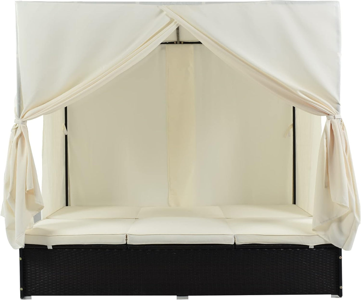 Patio Chaise Lounge, PE Rattan Outdoor Patio Wicker Sunbed Daybed with Adjustable Seats, Four-sided Canopy, Overhead Curtain and Beige Cushions for Backyard, Garden, Poolside (for 2-6 people)