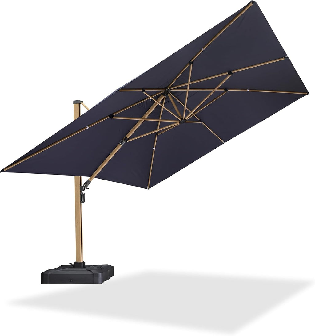 PURPLE LEAF 12FT Patio Umbrella Square Cantilever Umbrella Teak Finished Aluminum Frame Large Windproof Offset Outdoor Sun Umbrellas for Beach Pool Deck, Navy Blue