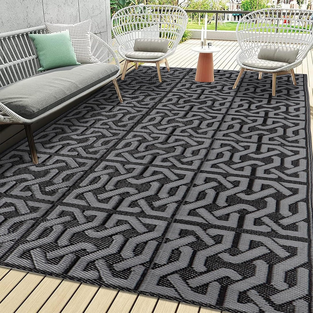 SAND MINE Reversible Mats, Plastic Straw Rug, Modern Area Rug, Large Floor Mat Rug for Outdoors, RV, Patio, Backyard, Deck, Picnic, Beach, Trailer, Camping (9' x 18', Black & Grey)