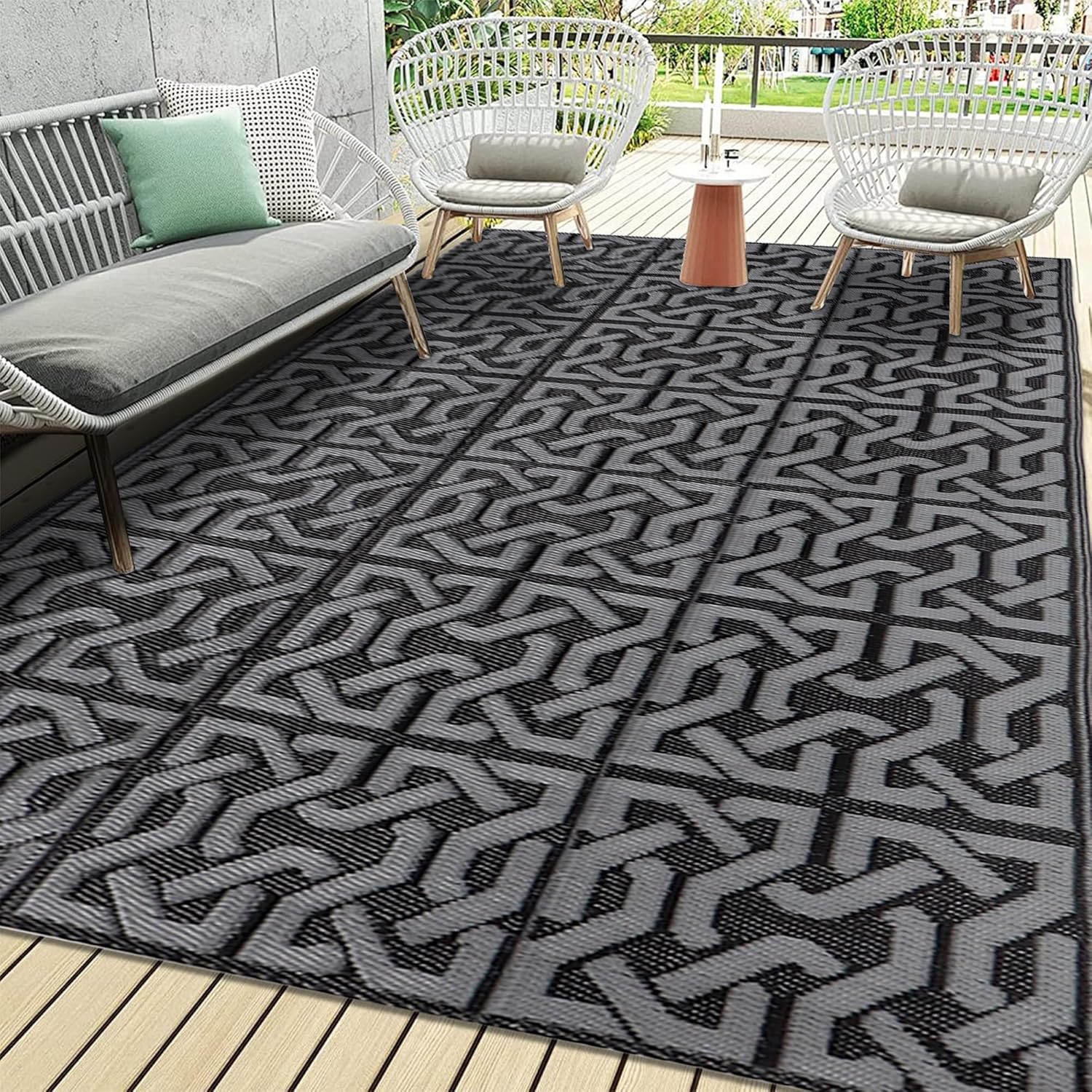 SAND MINE Reversible Mats, Plastic Straw Rug, Modern Area Rug, Large Floor Mat Rug for Outdoors, RV, Patio, Backyard, Deck, Picnic, Beach, Trailer, Camping (9' x 18', Black & Grey)