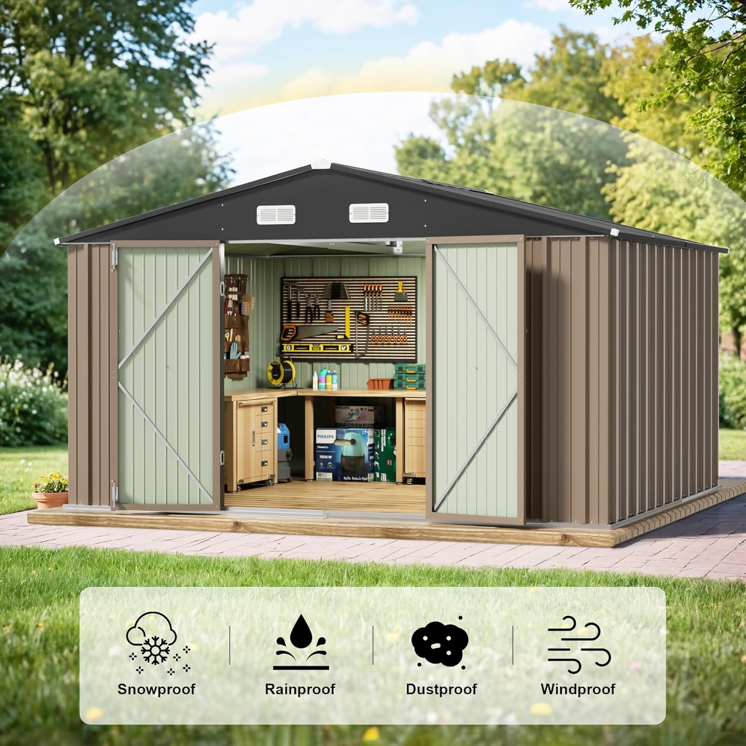 JUMMICO 10 x 10 FT Outdoor Storage Shed, Large Metal Garden Shed & Tool Sheds for Backyard Garden Patio Lawn (Brown)