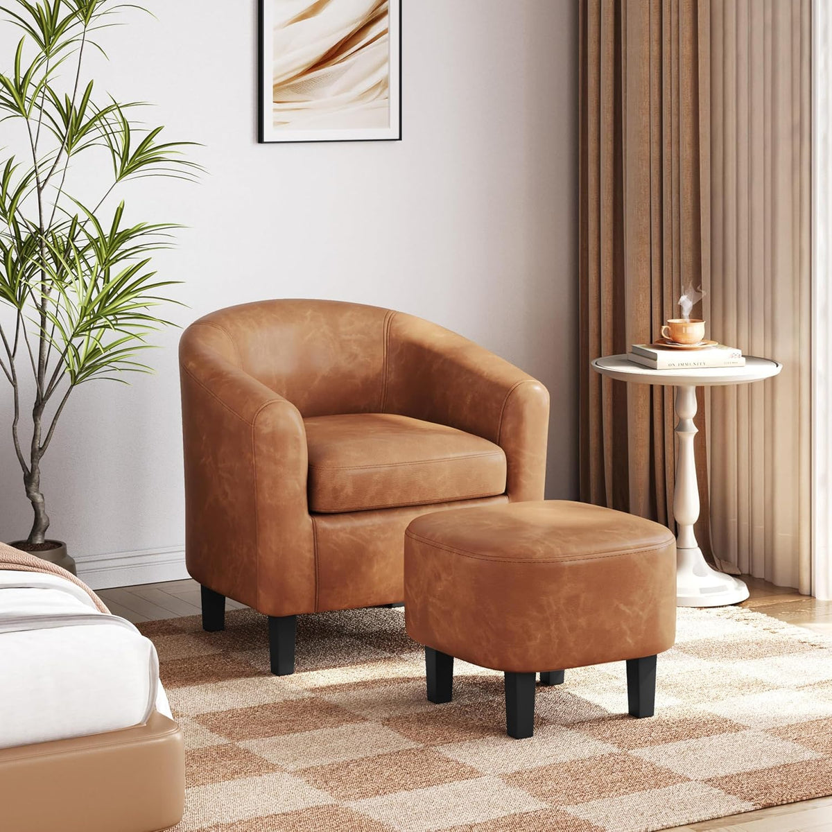 Yaheetech Accent Chair with Ottoman Footstool, PU Leather Modern Upholstered Soft Barrel Chair, Comfy Club Armchair and Footrest Set for Living Room/Bedroom/Reading Room/Guestroom, Brown