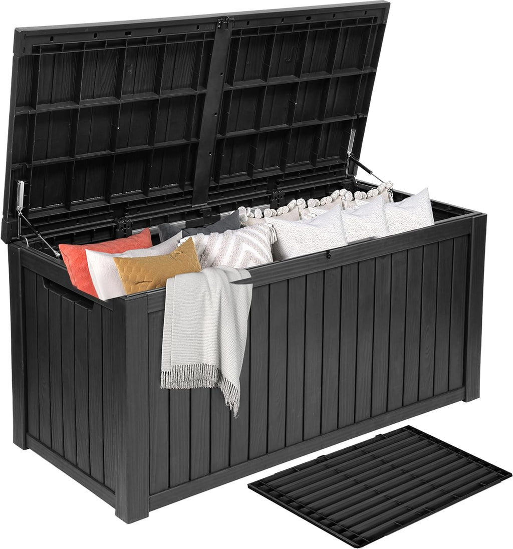 DWVO 220 Gallon Extra-Large Patio Deck Box, Waterproof Resin Outdoor Storage Box with Removable Divider for Patio, Garden, Pool, Furniture and Tools, Black