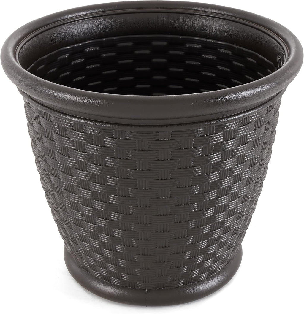 Suncast 4 Pack Sonora 18 Inch Lightweight Durable Plastic Wicker Decorative Flower Planter Pot for Yard, Garden, Indoor or Outdoor Use, Brown