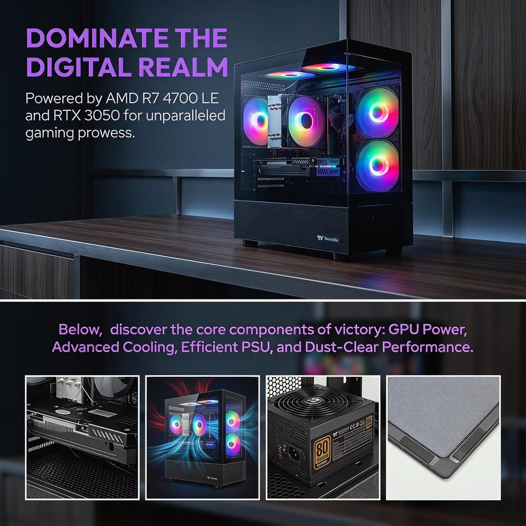 Gaming Desktop Computer, AMD R7 4700 LE,RTX 3050 6G,16GB DDR4,512GB M.2 SSD, BX3 550W 80PLUS Bronze PSU, RGB Fan x5, WiFi Ready & Windows 11 Home, Black