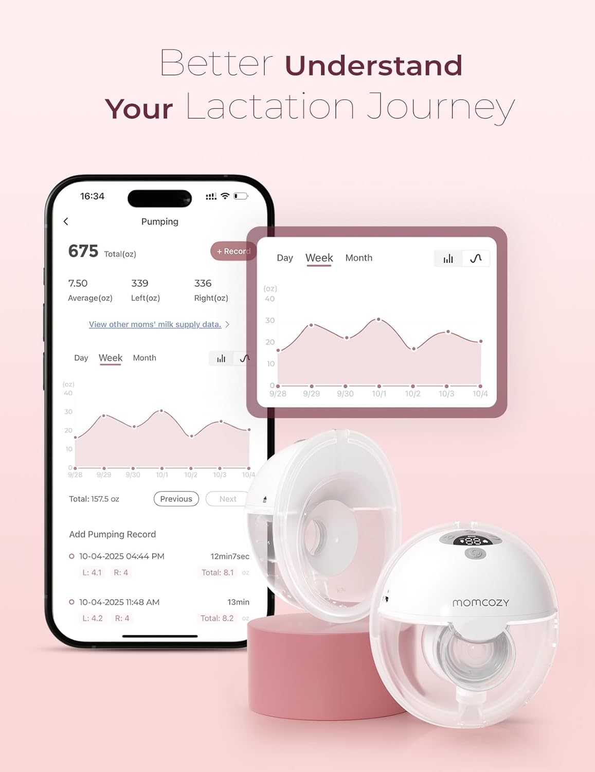 Momcozy M5 Smart APP Controlled Wearable Breast Pump, Hands-Free Wireless Electric Pump, 3 Modes 9 Suction Levels, BPA-Free, Portable Lightweight, 24mm Flange, 2-Pack Quill Gray
