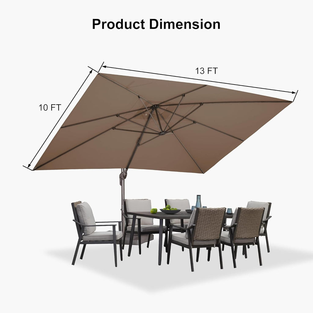 PURPLE LEAF 10' X 13' Patio Cantilever Umbrella Rectangle Umbrella Outdoor with Aluminum Offset Antique Bronze Hanging and 360° Rotation for Pool Garden Deck Patio, Taupe