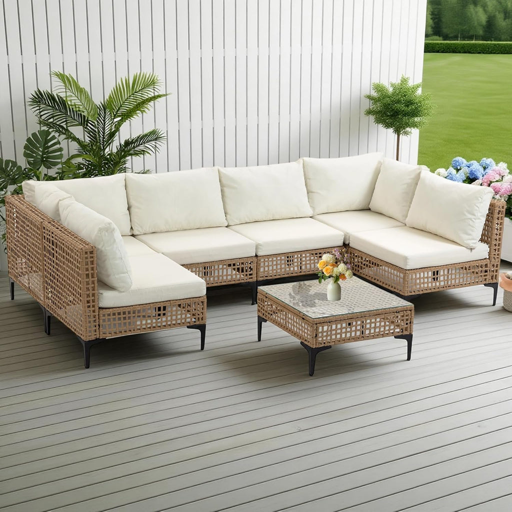 7-Piece Patio Furniture Set, All Weather Wicker Outdoor Sectional Conversation Sofa w/Thick Cushions & Glass Table for Lawn Poolside Backyard Porch, Beige