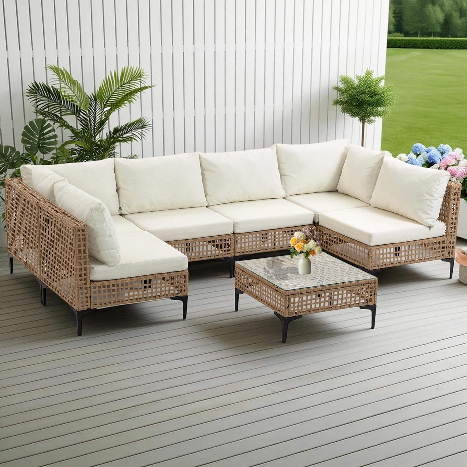 7-Piece Patio Furniture Set, All Weather Wicker Outdoor Sectional Conversation Sofa w/Thick Cushions & Glass Table for Lawn Poolside Backyard Porch, Beige