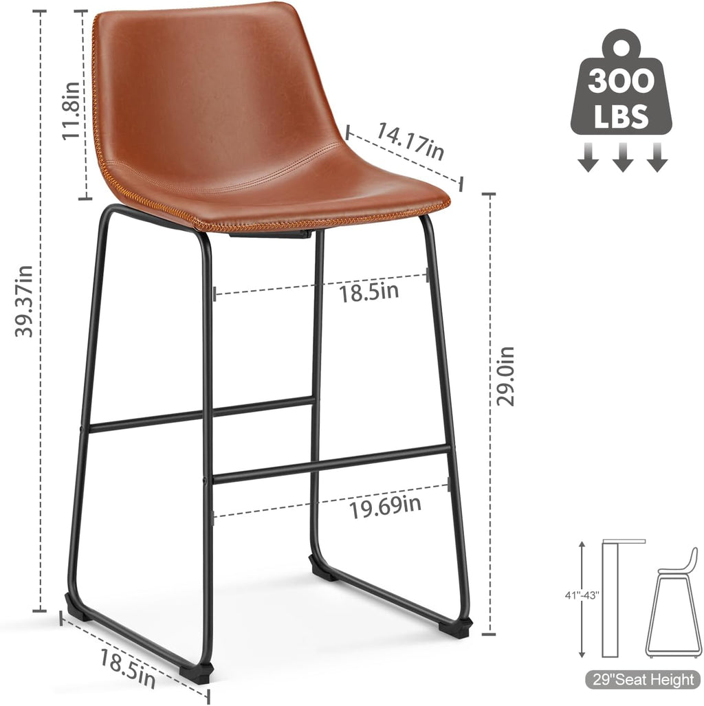 DUMOS Counter Height Bar Stools Set of 4, 30 inch Height Stool Faux Leather Barstools with Back, Armless Kitchen Island Countertop Comfortable Modern Chairs with Metal Legs, Warm Brown