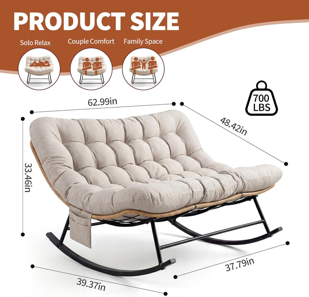 Heavy Duty Rocking Chair 450 Lbs Capacity Waterproof Fabric Indoor Outdoor Rocker with Thick Cushion Metal Frame for Patio Garden Living Room Double Seating Lounge Chair Modern Furniture Gray