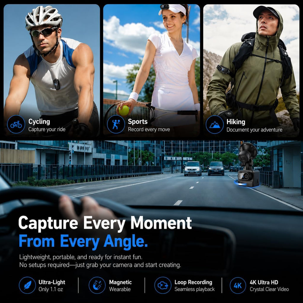 4K Mini Wearable Body Camera - 128GB Magnetic Thumb-Size Action Cam, 6-Axis Stabilization, Audio/Video Recording, Hands-Free POV for Vloggers, Hikers, Workers, Cycling, Travel & Daily Use