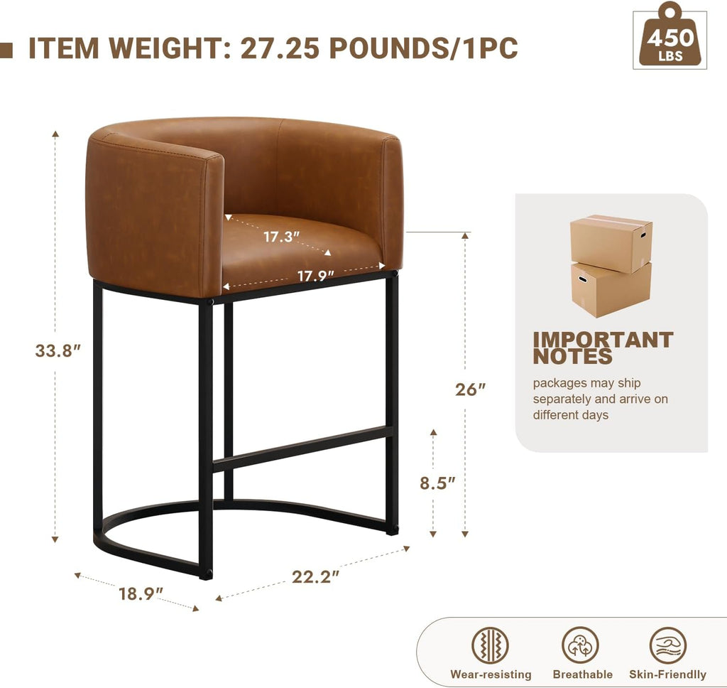 26" H Counter Height Bar Stools Set of 4, Modern Barrel Counter Stools with Backrest and Arms, Faux Leather Upholstered Accent Barstools for Kitchen Island,Support 450 LBS (Walnut Brown