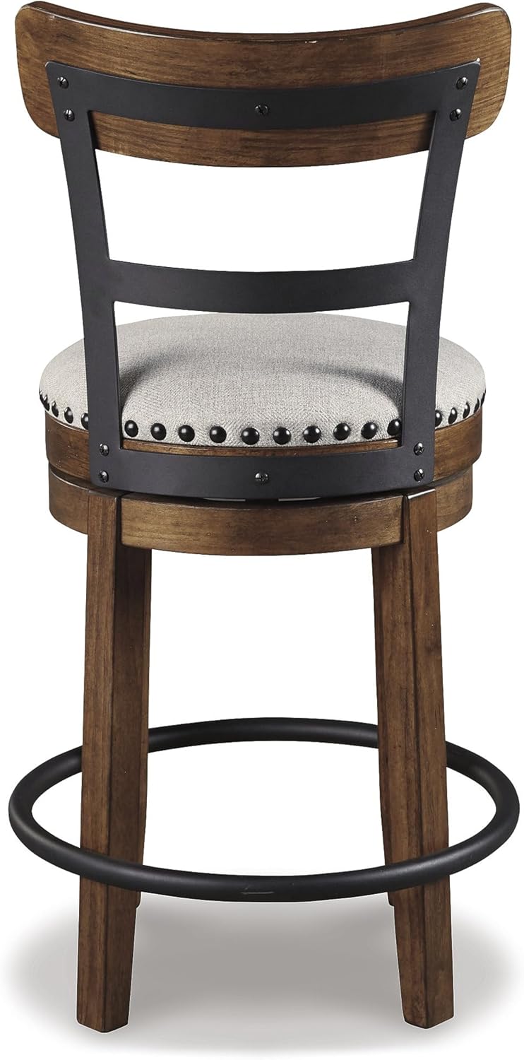 Signature Design by Ashley Valebeck Swivel Barstool With Back, Rustic-Industrial Wood and Metal, 360-Degree Swivel Counter Height Stool for Kitchen Island Seating, Linen Color