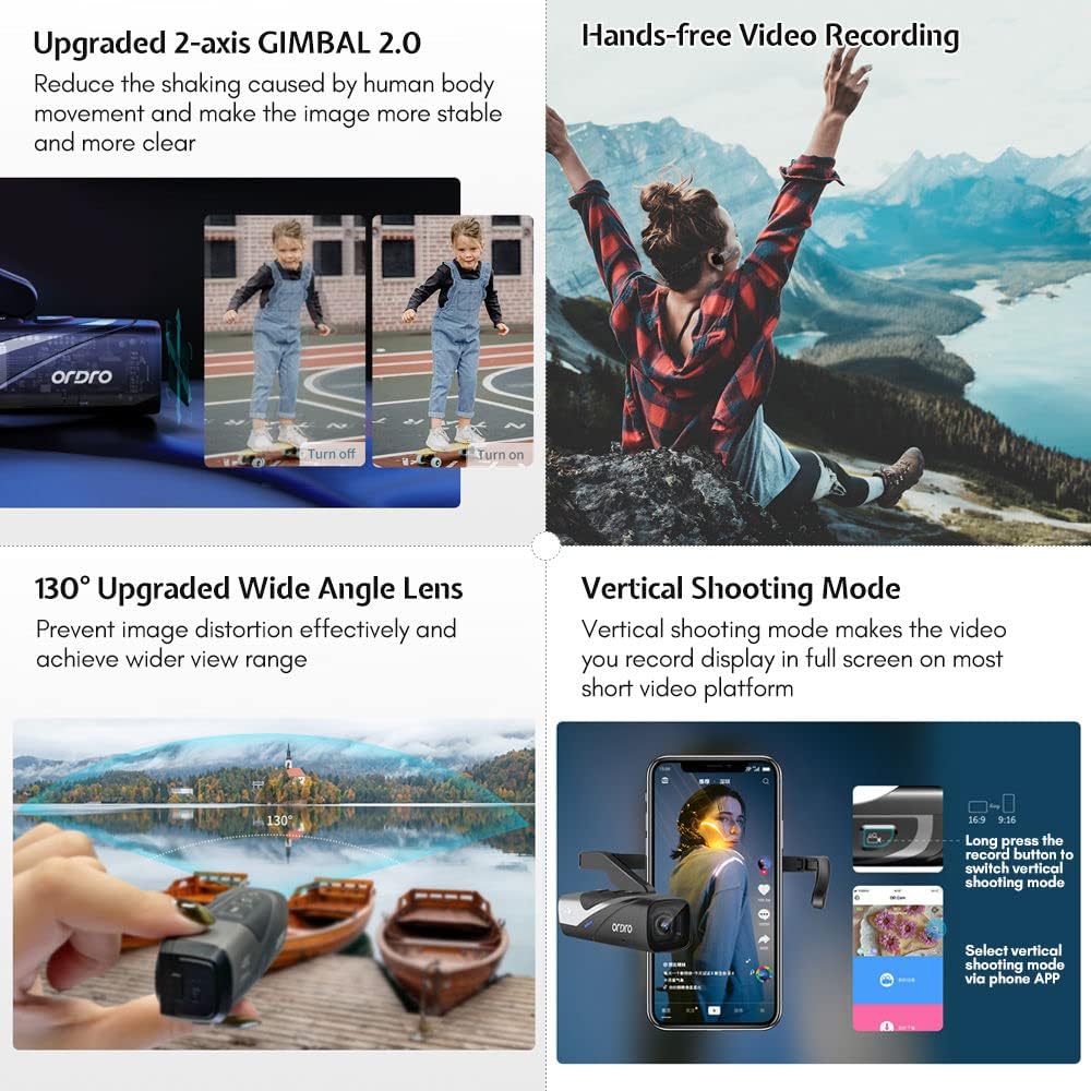 ORDRO EP8 4K Video Camera for Vlogging, 2.0 Gimbal Stabilizer Hands Free Wearable Vlog Camera, 4K 60FPS UHD Head Mounted Video Camera with Remote Control(Black)