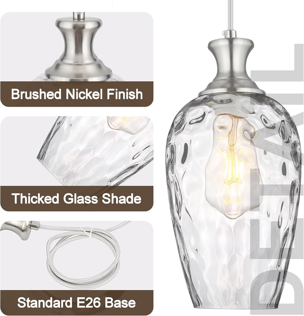 3-Light Pendant Lighting, Modern Brushed Nickel Dining Room Chandelier Light Fixture Over Table with Hammered Glass, Brass Cluster Hanging Lights for Kitchen Island Dining Room Bedroom, E26