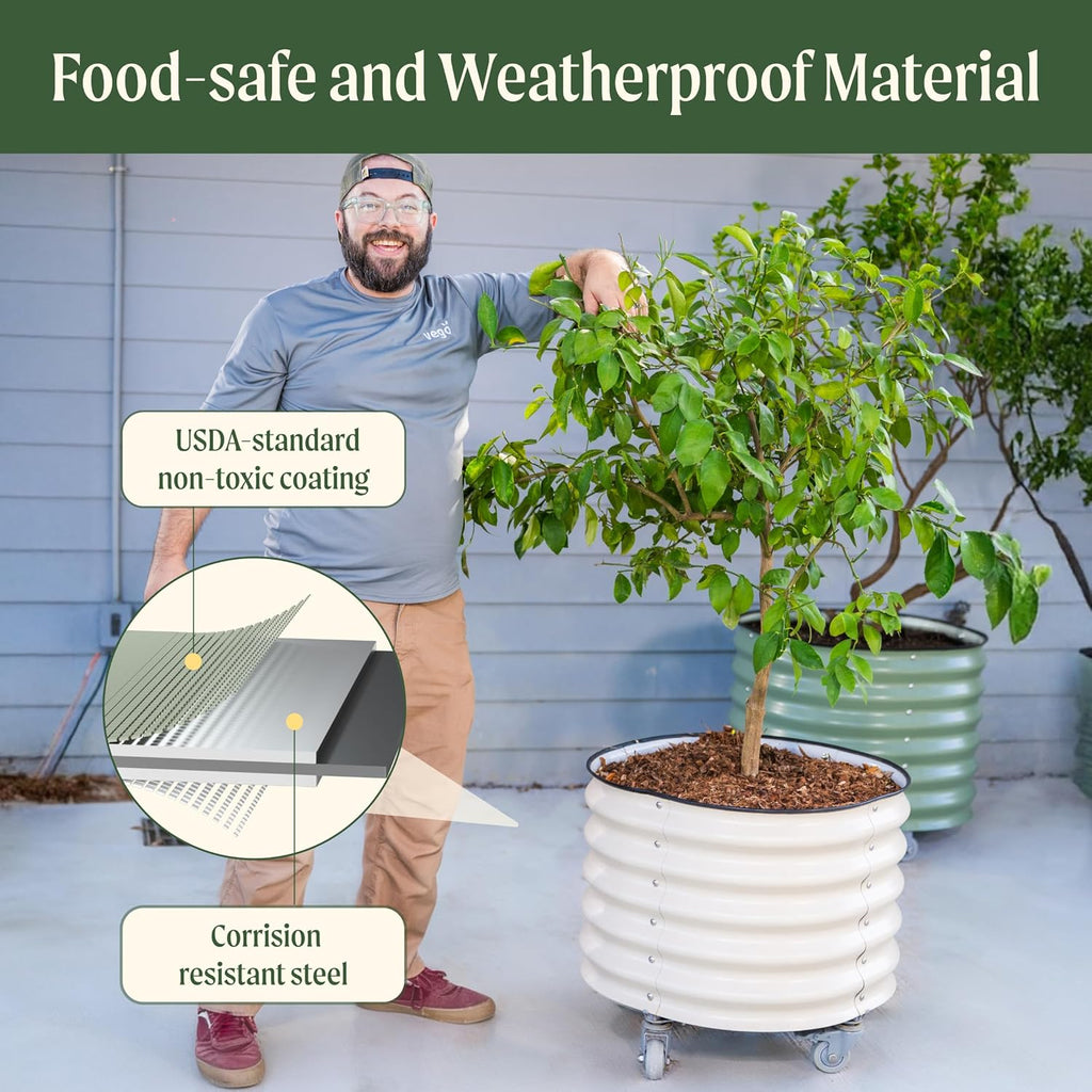Rolling Metal Citrus Tree Planter Pot, 27″ Round Planter Box for Porch Patio & Backyard, 45 Gallon Large Planter Pot with Wheels for Growing Olive Trees Tomatoes Vegetables and Flowers, Olive Green