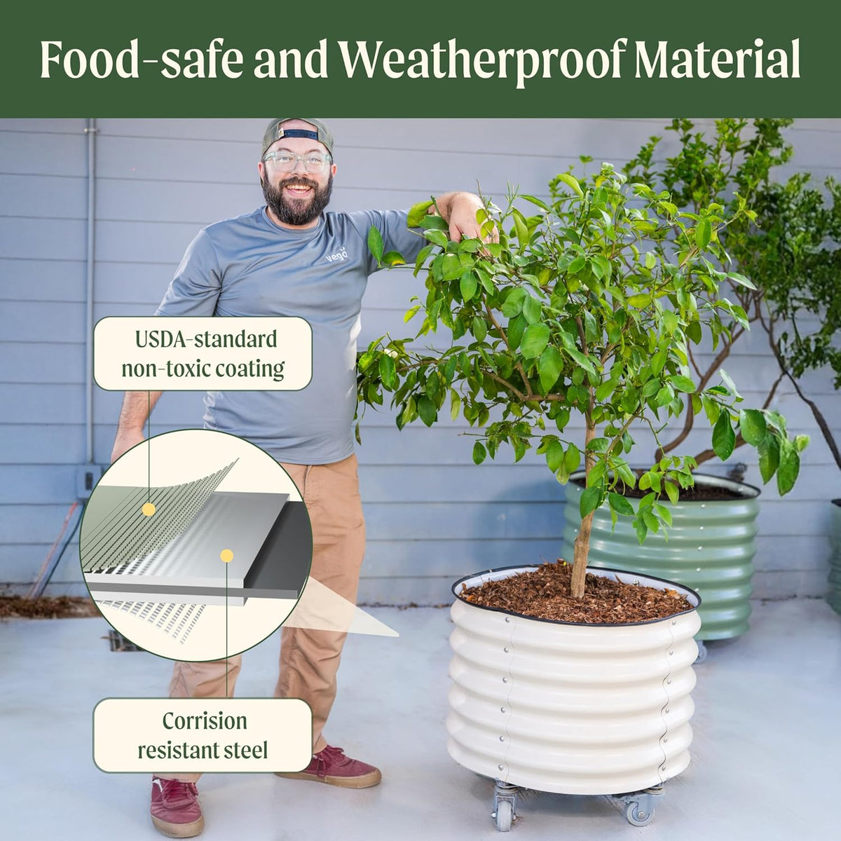 Rolling Metal Citrus Tree Planter Pot, 27″ Round Planter Box for Porch Patio & Backyard, 45 Gallon Large Planter Pot with Wheels for Growing Olive Trees Tomatoes Vegetables and Flowers, Olive Green
