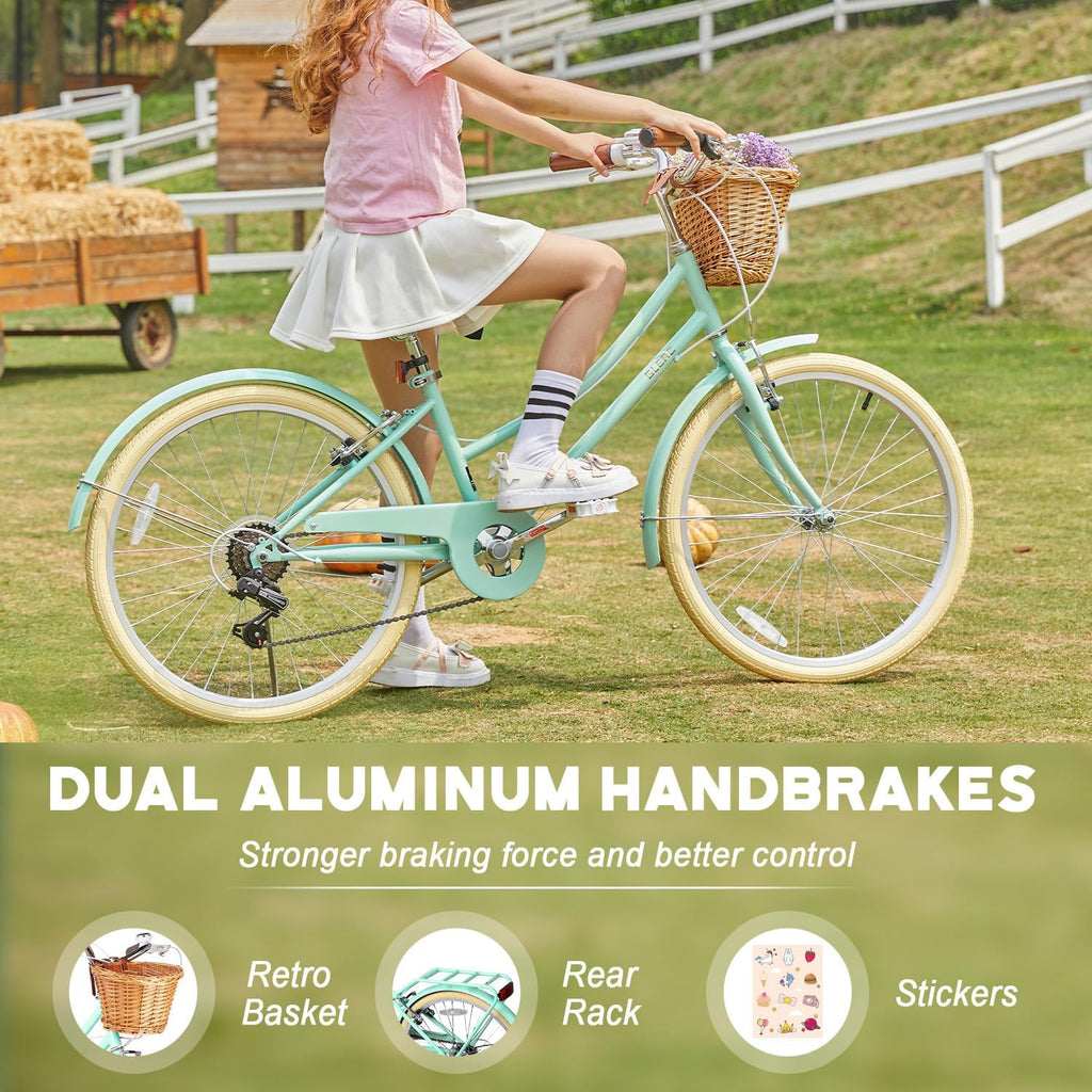 Glerc 20 24 26 Inch Beach Cruiser Bike, 6-Speed Hybrid City Bicycle for Girls Youth and Over 6 Years Old, Missy Bike with Wicker Basket & Lightweight, Multiple Colors