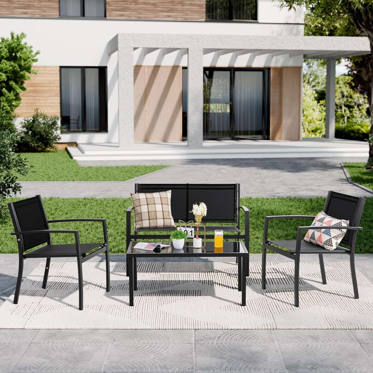 Shintenchi 4 Pieces Patio Furniture Set All Weather Textile Fabric Outdoor Conversation Set, with Glass Coffee Table, Loveseat, 2 Single Chairs for Home, Garden, Lawn, Porch（Black）