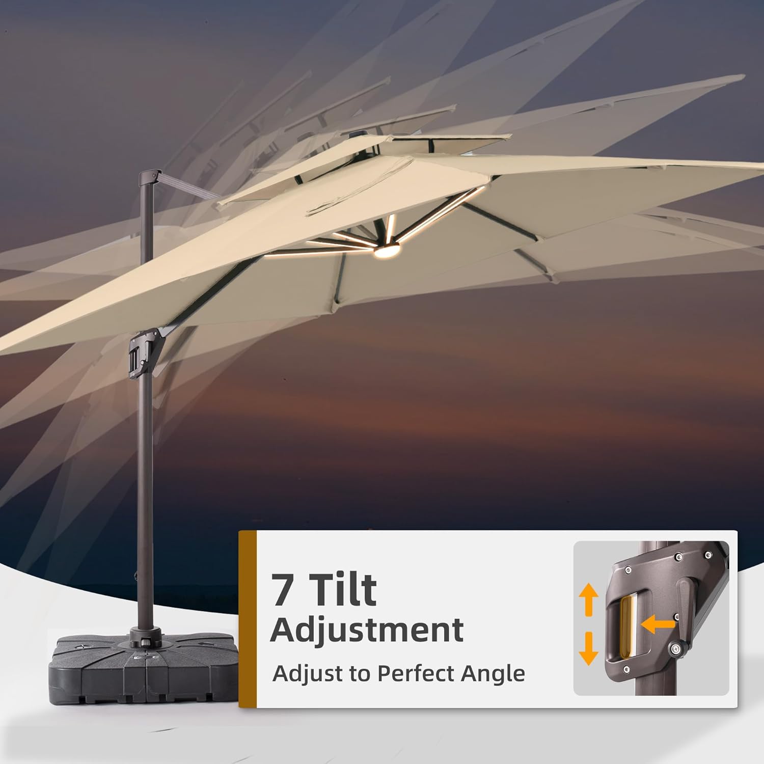 9x12 FT Patio Umbrella with Weighted Base and LED Lights Cantilever Outdoor Large Heavy Duty Rectangle Aluminum Offset Umbrellas Double Top 360 Rotation for Pool Deck Garden, Beige