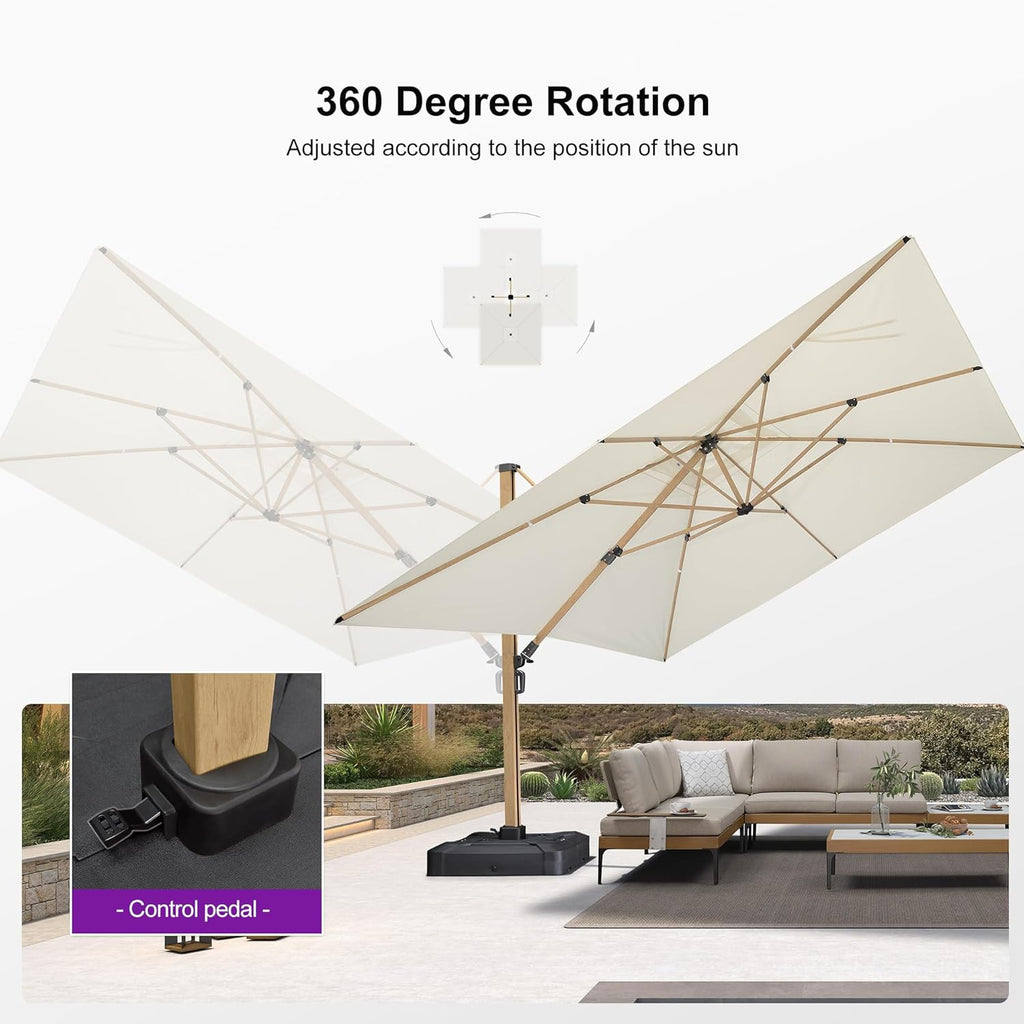 PURPLE LEAF 12FT Patio Umbrella With Base Square Cantilever Umbrella Teak Finished Aluminum Frame Large Windproof Offset Outdoor Sun Umbrellas for Beach Pool Deck, Cream