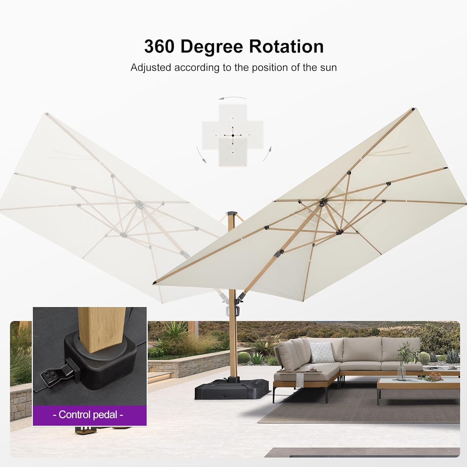 PURPLE LEAF 12FT Patio Umbrella With Base Square Cantilever Umbrella Teak Finished Aluminum Frame Large Windproof Offset Outdoor Sun Umbrellas for Beach Pool Deck, Cream