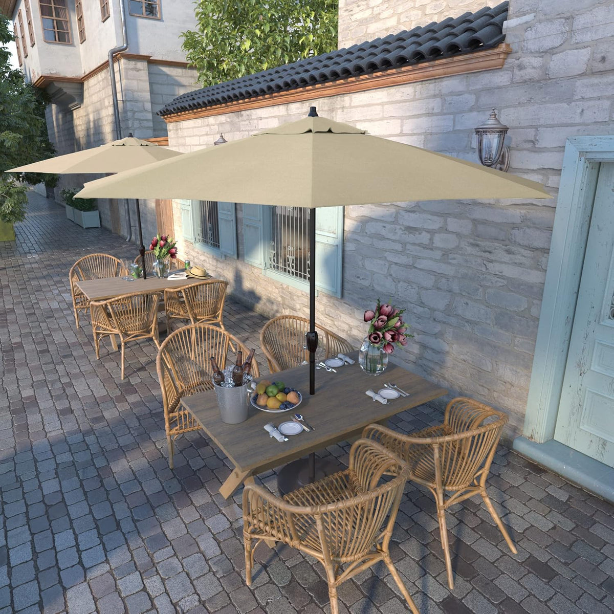 California Umbrella 9' Rd Sunbrella Aluminum Patio Umbrella, Crank Lift, Auto Tilt, Bronze Pole, Canvas