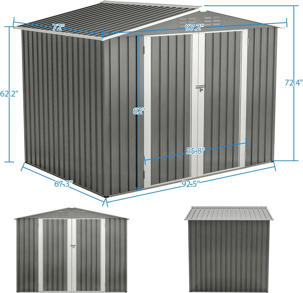 8x6 FT Outdoor Metal Storage Shed, Gray, with Floor Foundation, Lockable Hinged Doors, Air Vents, for Backyard and Lawn