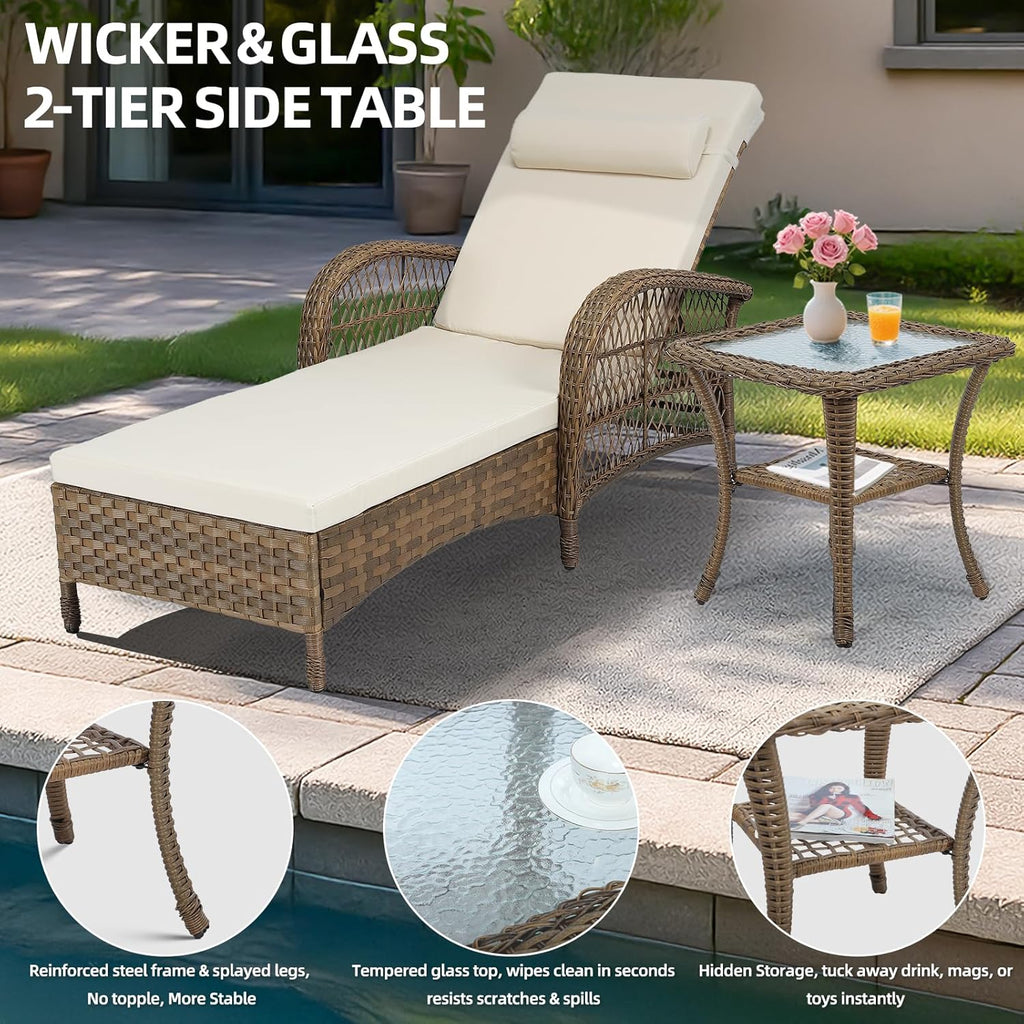 MEETWARM 3 Piece Outdoor Wicker Chaise Lounge Chair Set - Patio Lounge Chairs Set of 2 with Side Table, 6 Position Adjustable Pool Reclining Sunbathing Chair with Cushion, Armrest & Headrest, Beige