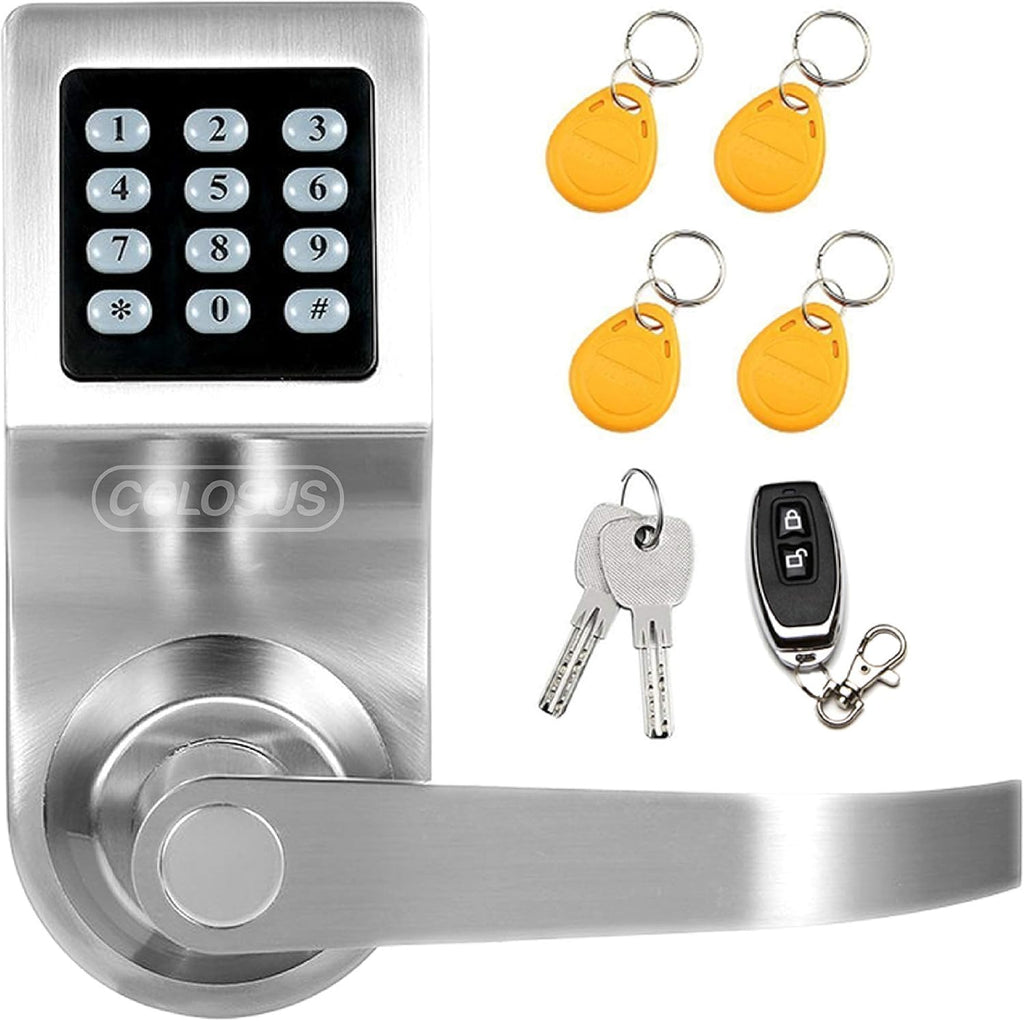 Electronic Smart Door Lock, Keyless Entry with Keypad, Key Fobs, Remote Control, Keys for Home, Office or Commercial, Silver NDL302