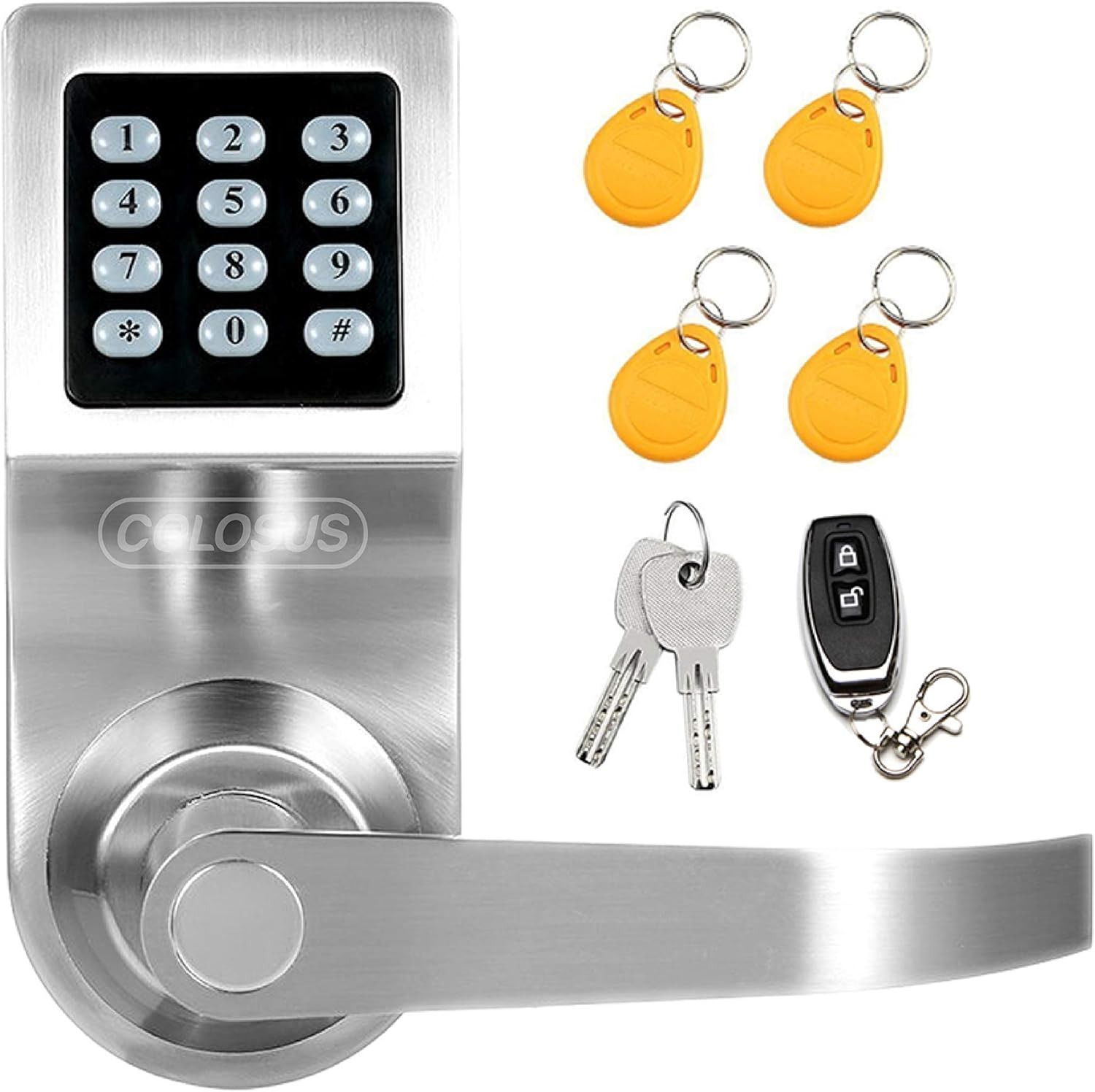 Electronic Smart Door Lock, Keyless Entry with Keypad, Key Fobs, Remote Control, Keys for Home, Office or Commercial, Silver NDL302