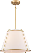 Cone Pendant Light Fixture with Metal Lantern Fabric Drum Shade 16" White and Gold Chandeliers for Kitchen Dining Room Living Room Bedroom