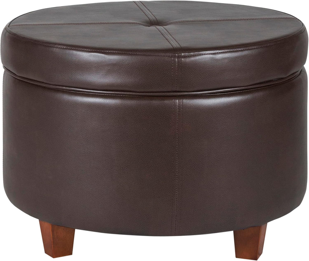 HomePop Round Leatherette Storage Ottoman with Lid, Chocolate Brown Large