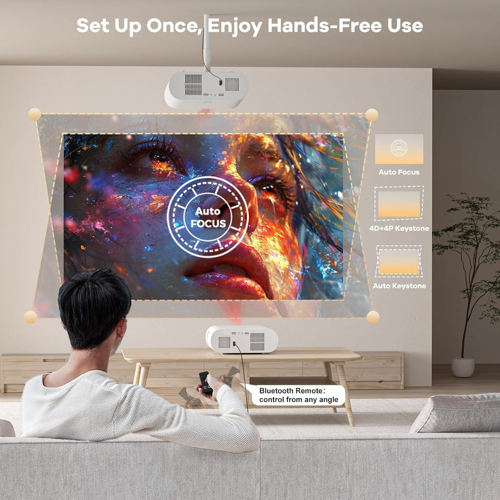 4K Projector with Google TV:3000 Brightness/Auto Lens Cap & 4D Keystone/Auto Focus & AI Voice Control, Sovboi Portable Outdoor Projector with WiFi & Bluetooth, Smart Movie Proyector for Streaming Apps