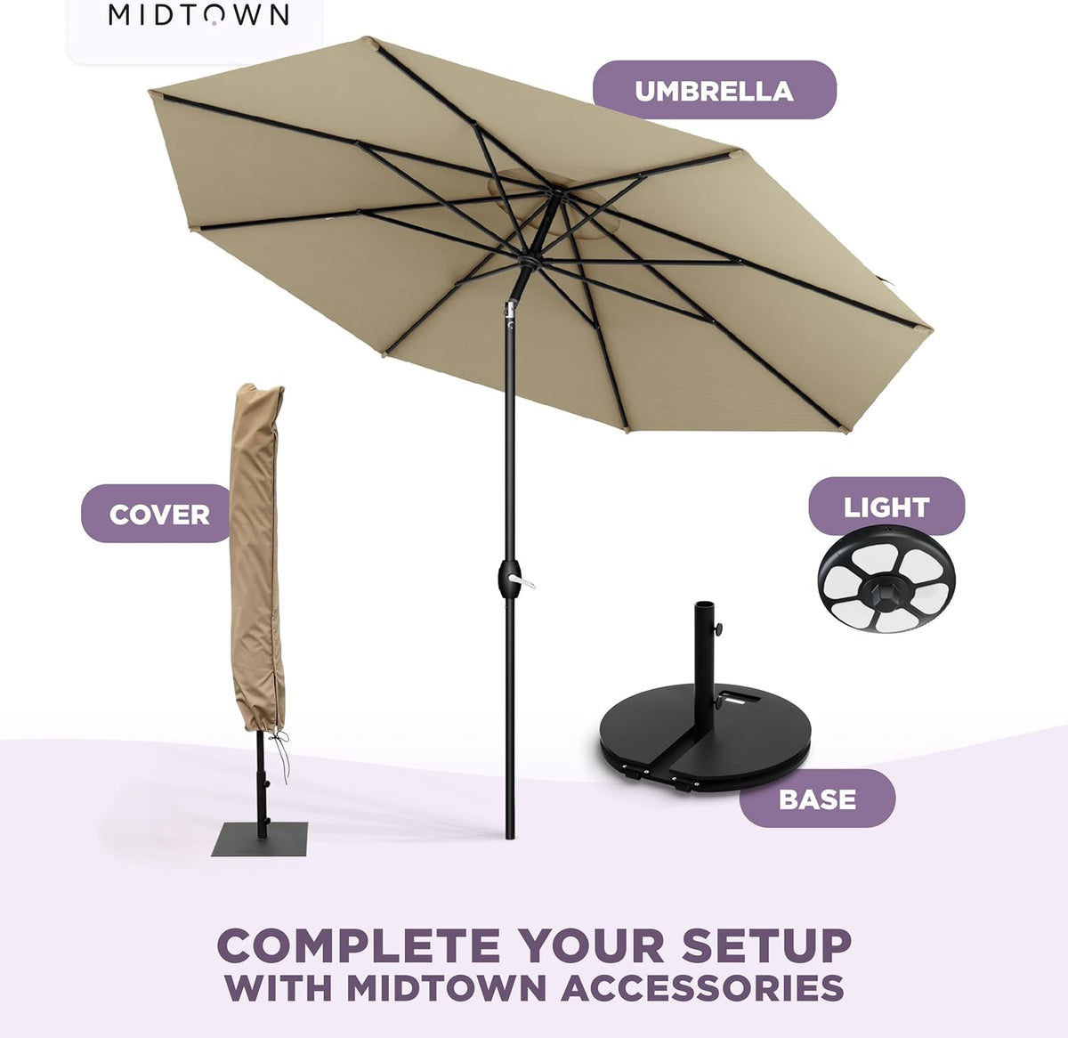 Midtown Umbrellas – The Lean 9 Ft Patio Umbrella with 10-Year-No-Fade Acrylast Acrylic Fabric, Auto-Tilt and 8 Reinforced Ribs for Deck, Pool, Garden, Hotel & Cafes – Sahara Canopy, Black Pole