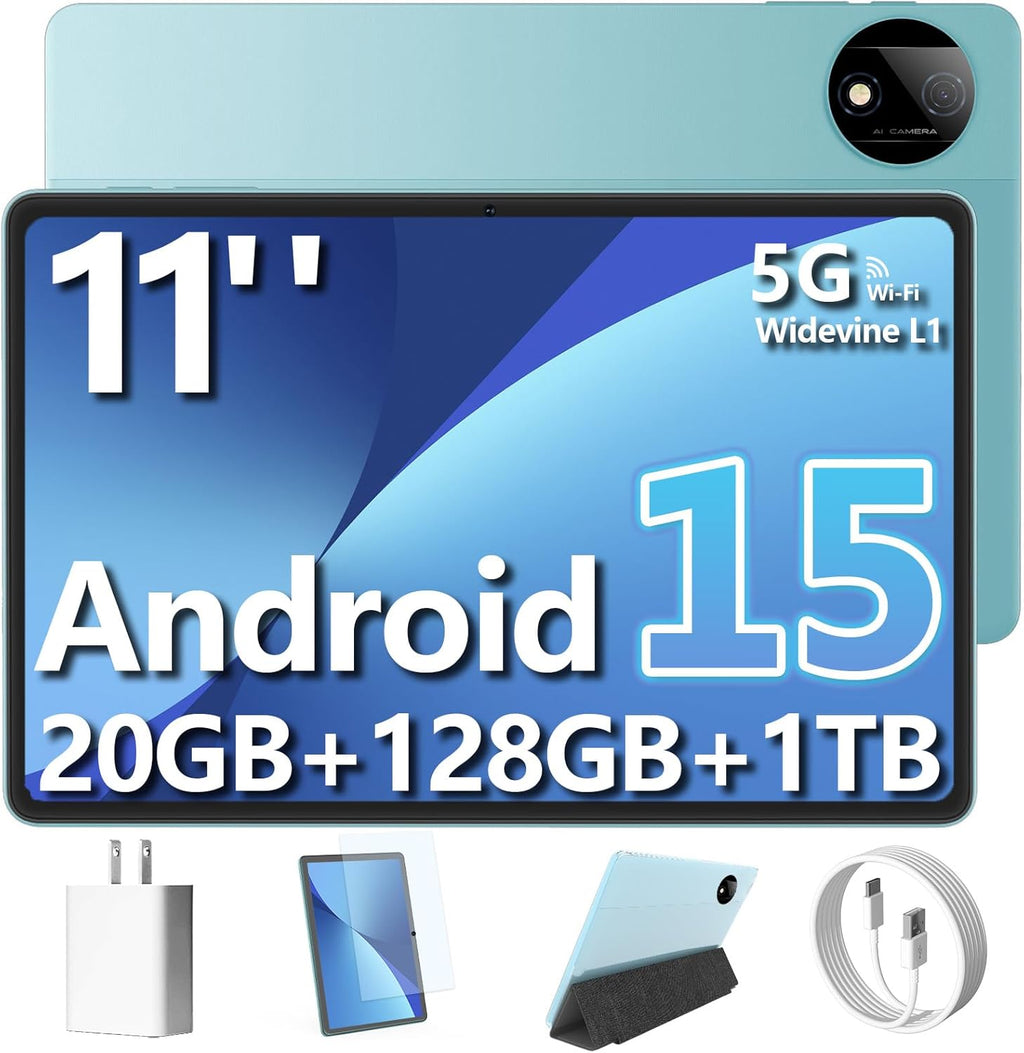 Tablet, 11-inch Android 15 tablets, 20GB+128GB+1TB expansion, Octa-core, 8000mAh large-capacity battery, 5G/2.4G WiFi6, GPS, Bluetooth 5.0, 5MP + 8MP dual cameras, Widevine L1, protective case - Black