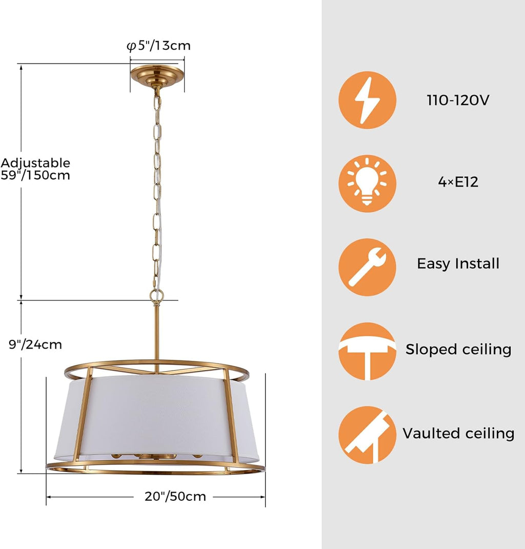 Shrine Lighting Drum Chandeliers, Modern Style, Perfect Pendant Light Fixture for Dining Room, Living Room, D20'' x H9'', Adjustable Chains 59'', E12*4 Sockets, White Lampshade & Brass Finish Frame