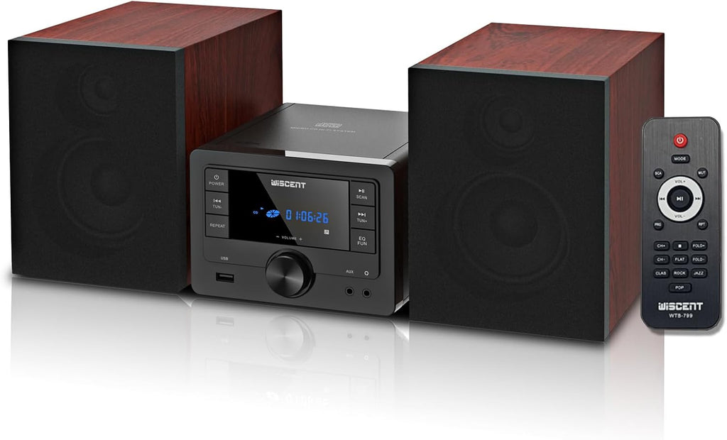 WISCENT Bluetooth Stereo System 40W for Home, CD Player with Wireless Streaming, MP3/USB/Audio in/FM Radio, Powerful Home Audio Sound System