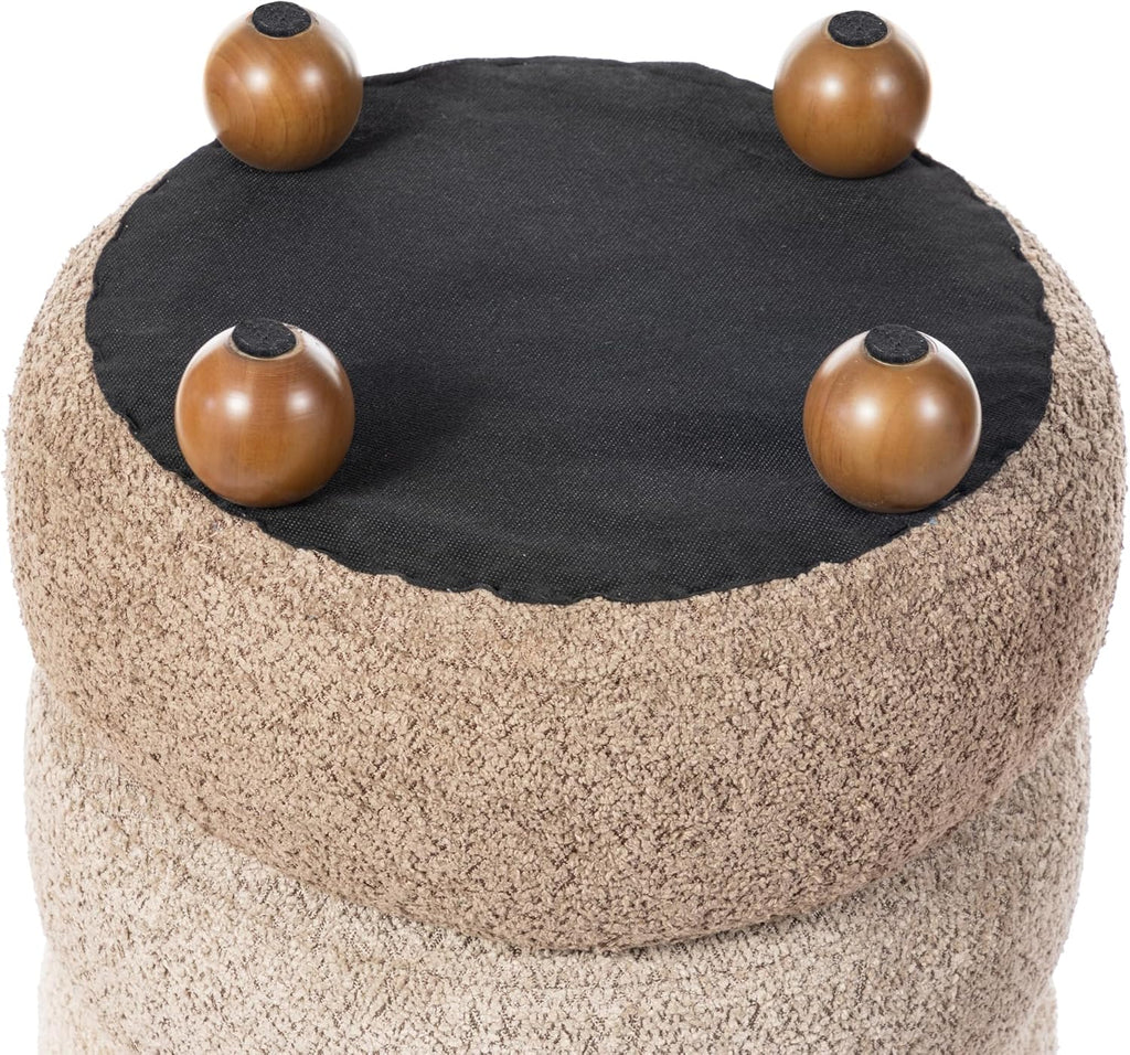 Glitzhome Round Ottoman with Storage, Small Foot Stool, Modern Accent Stool Upholstered Vanity Stool with Rubberwood Ball Feet for Bedroom Living Room Dorm Room, Gradient Brown