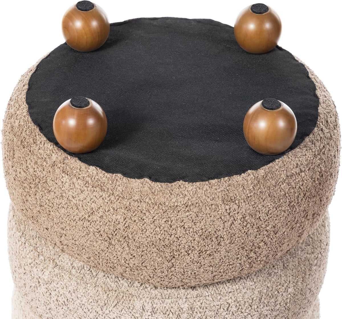 Glitzhome Round Ottoman with Storage, Small Foot Stool, Modern Accent Stool Upholstered Vanity Stool with Rubberwood Ball Feet for Bedroom Living Room Dorm Room, Gradient Brown