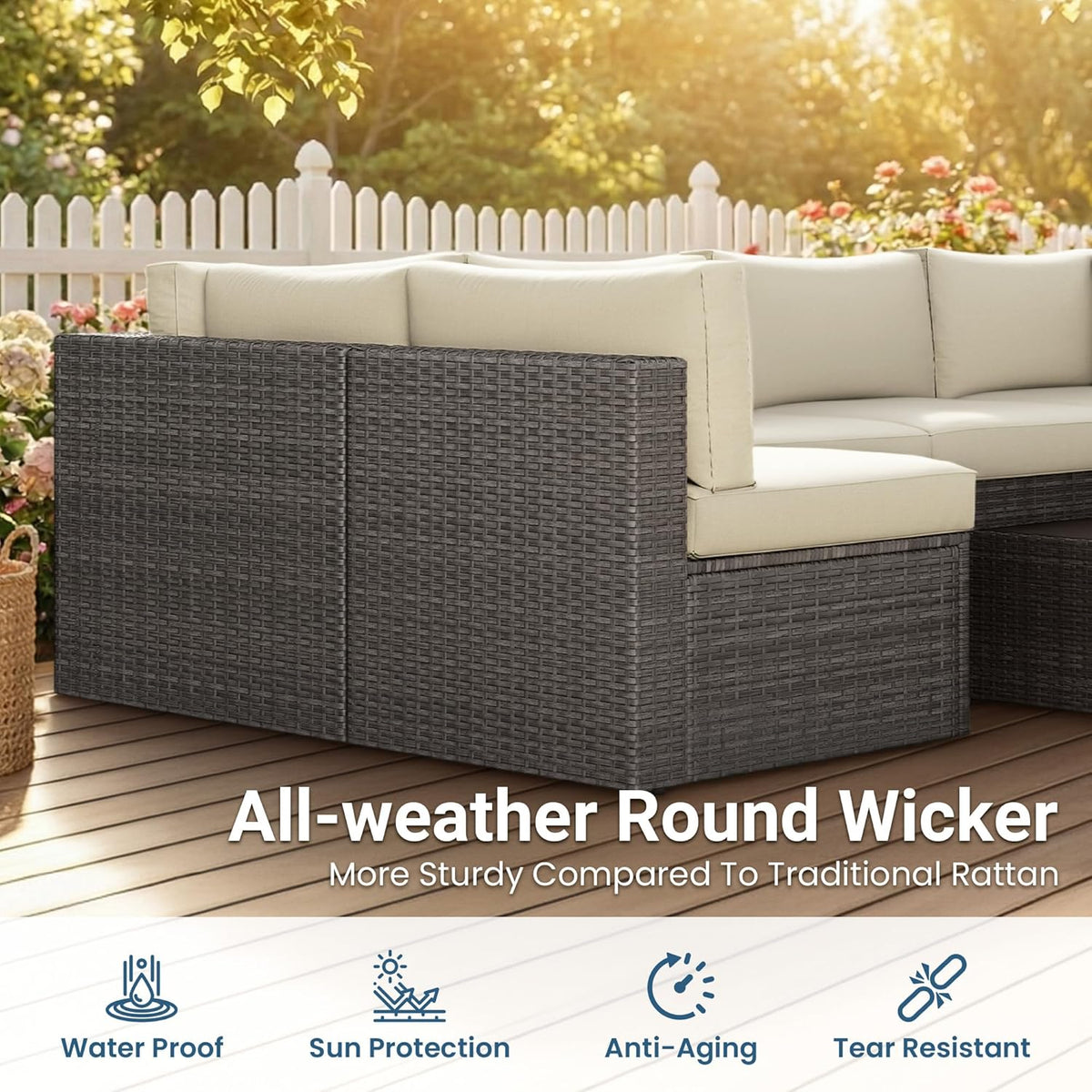 Wisteria Lane 7 Pieces Outdoor Patio Furniture Set, Wicker Outdoor Patio Sectional Sofas with Coffee Table, All-Weather Patio Conversation Set for Garden Backyard, Beige