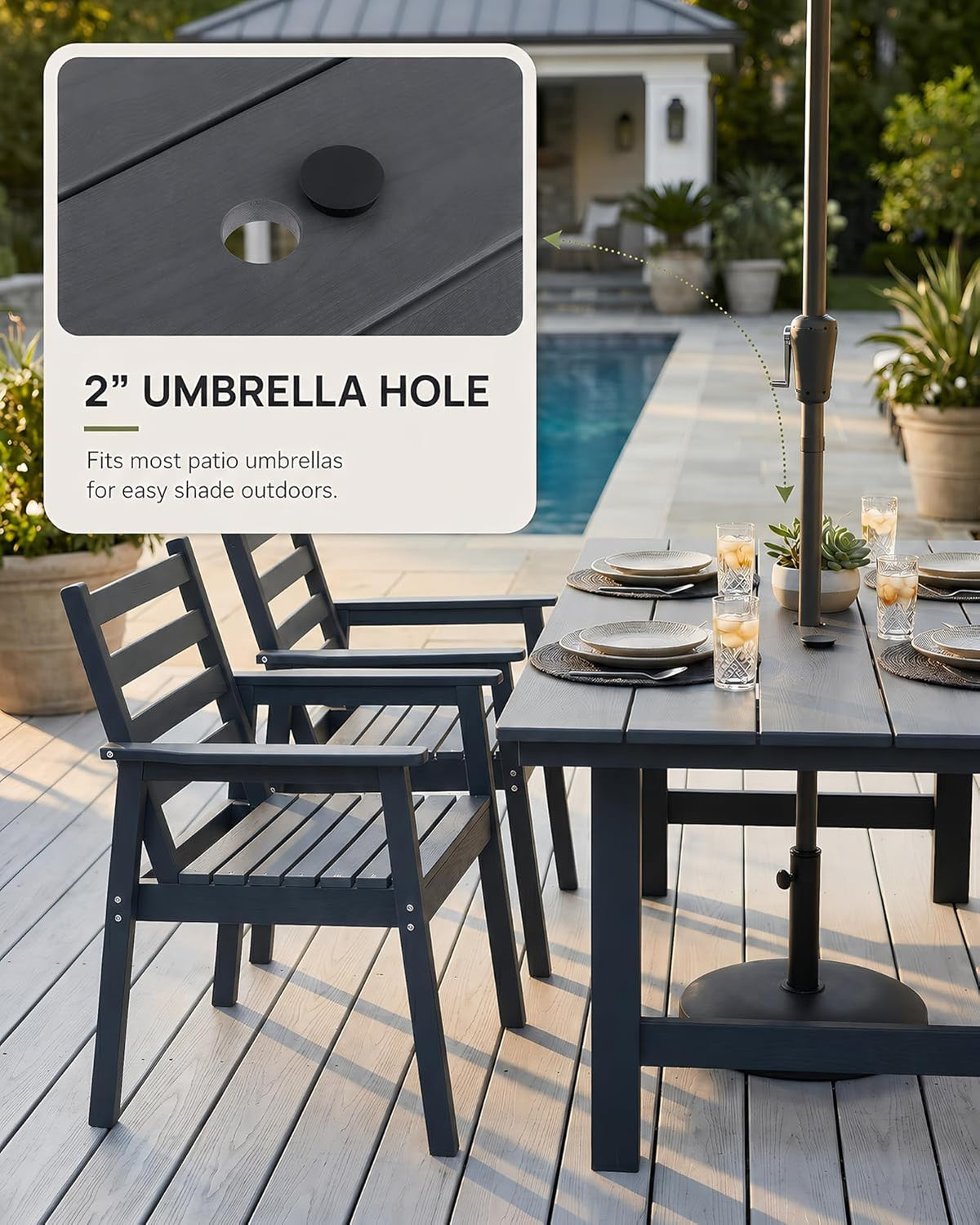 7 Piece HDPE Outdoor Dining Set for 6, Patio Dining Furniture Set with 2” Umbrella Hole, Weather Resistant Outdoor Table and Chairs for Garden, Poolside, Backyard, Deck