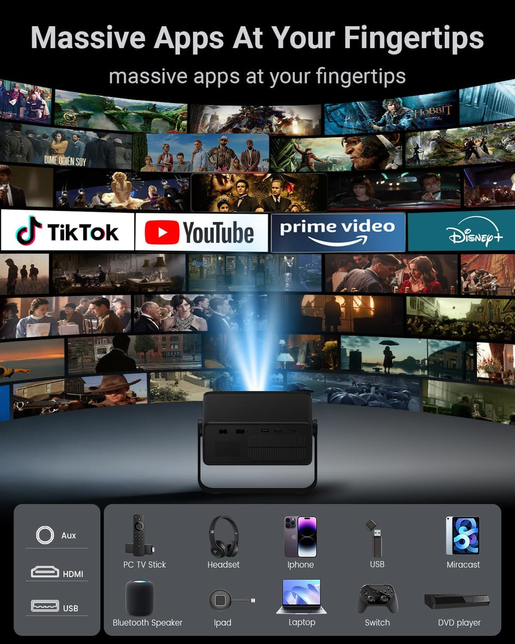 Smart Projector with Wifi and Bluetooth,Streaming Experience Built-in, Native 1080P FHD, 4k Support, 2*8W Speakers,AI Auto Focus & Keystone,Home Movie Portable Outdoor Mini Projector