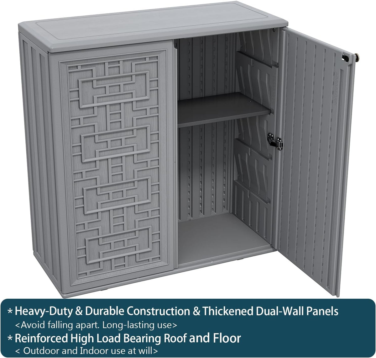 HOMSPARK Indoor/Outdoor Storage Cabinet with Doors and Shelf, 34”x15”x36” HDPE Plastic Storage Box Waterproof for Patio, Garden, Balcony, Multi-Purpose for Daily Tools, Grey