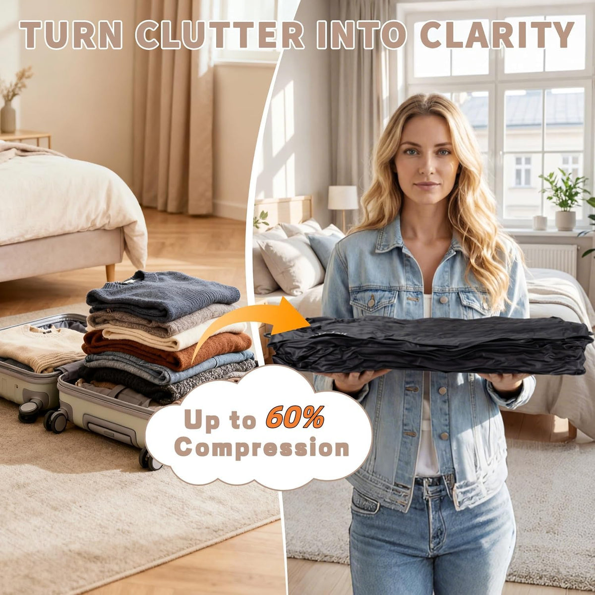 ONTYZZ Vacuum Bags for Travel, IPX8 Waterproof Space Saver Vacpack, GRS Certified Recycled Compression Bag with Pump (2PC Dark Black)