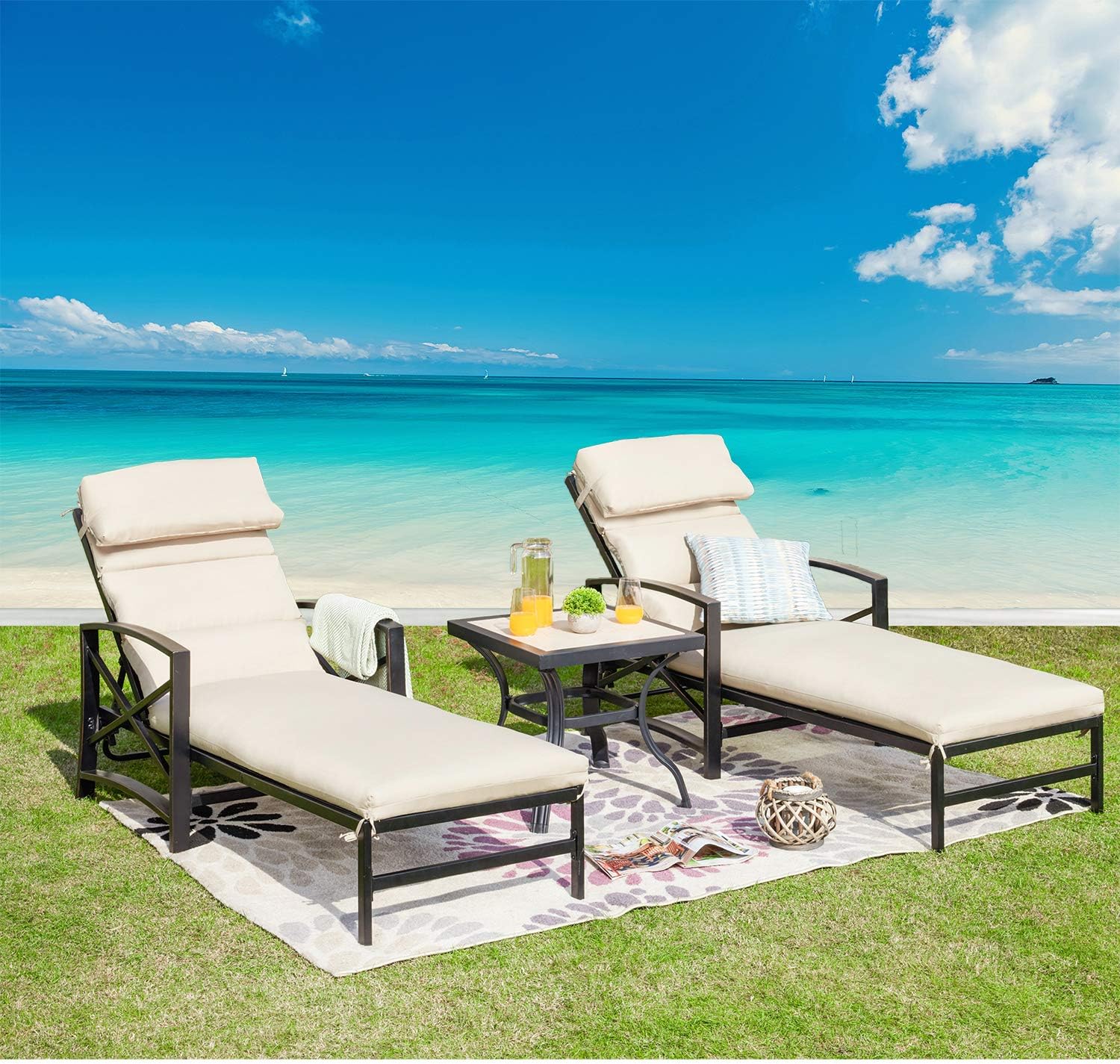 Festival Depot 3 Pieces Patio Outdoor Chaise Lounge Chairs with Cushions Set with Coffee Table Premium Fabric Metal Frame Furniture Garden Bistro Soft Backrest (Khaki)