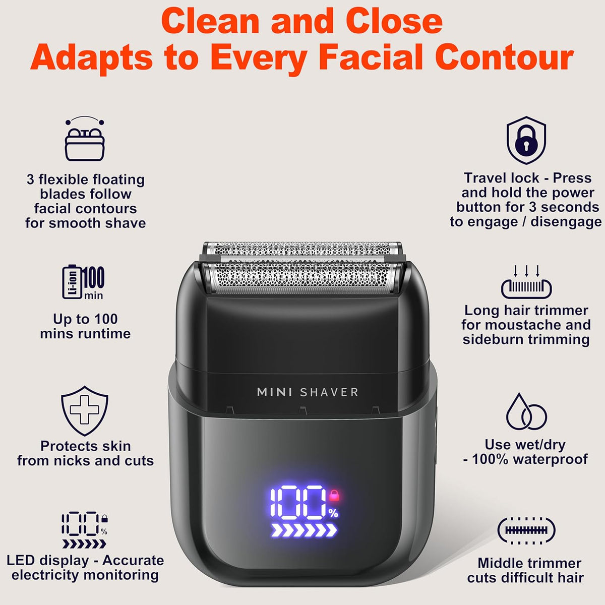 Telfun Mini Electric Foil Shavers for Men, Portable Men's Travel Facial Hair Groomer, USB-C Electric Beard Shaver with Full Body Waterproof & Big LED Display, Close Face Shaver for Head, Beard, & Neck