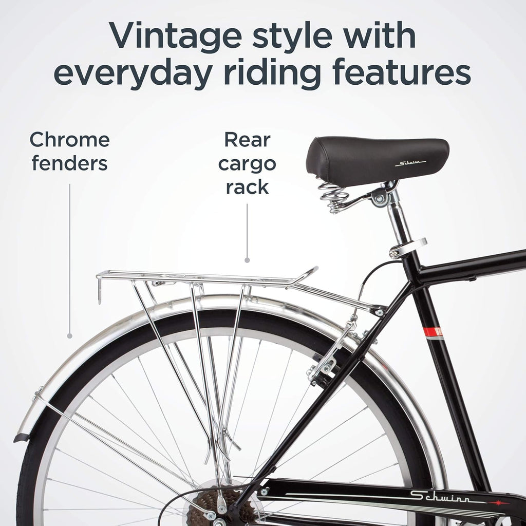 Schwinn Wayfarer Hybrid Bike, 700c Mens and Womens Bike, 7-Speed Hybrid Bicycle, Retro Steel Frame, Front and Rear Linear Pull Brakes, Fenders, Cargo Space, Adult Bicycle
