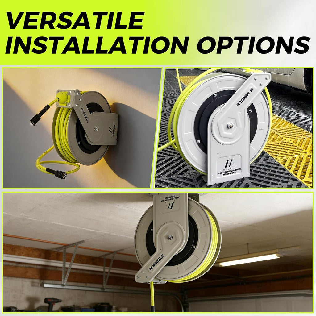 M MINGLE Retractable Pressure Washer Hose Reel, 1/4" × 100ft Heavy Duty Professional Hose Reel, Auto Rewind Power Washer Hose Reel, Wall/Floor Mounted, 3600 PSI